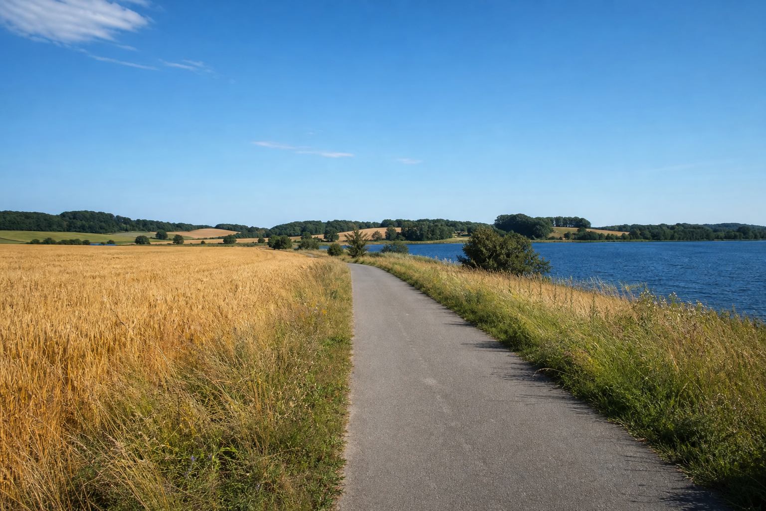 Radfahrer auf Feldweg mit Seenlandschaft im Hintergrund