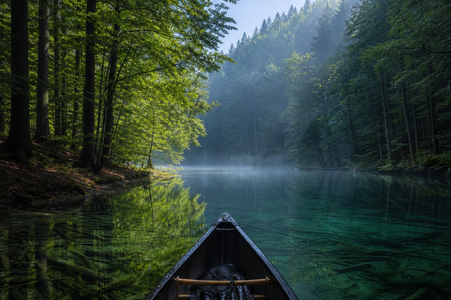 Kanu auf einem stillen Waldsee bei Feldberg