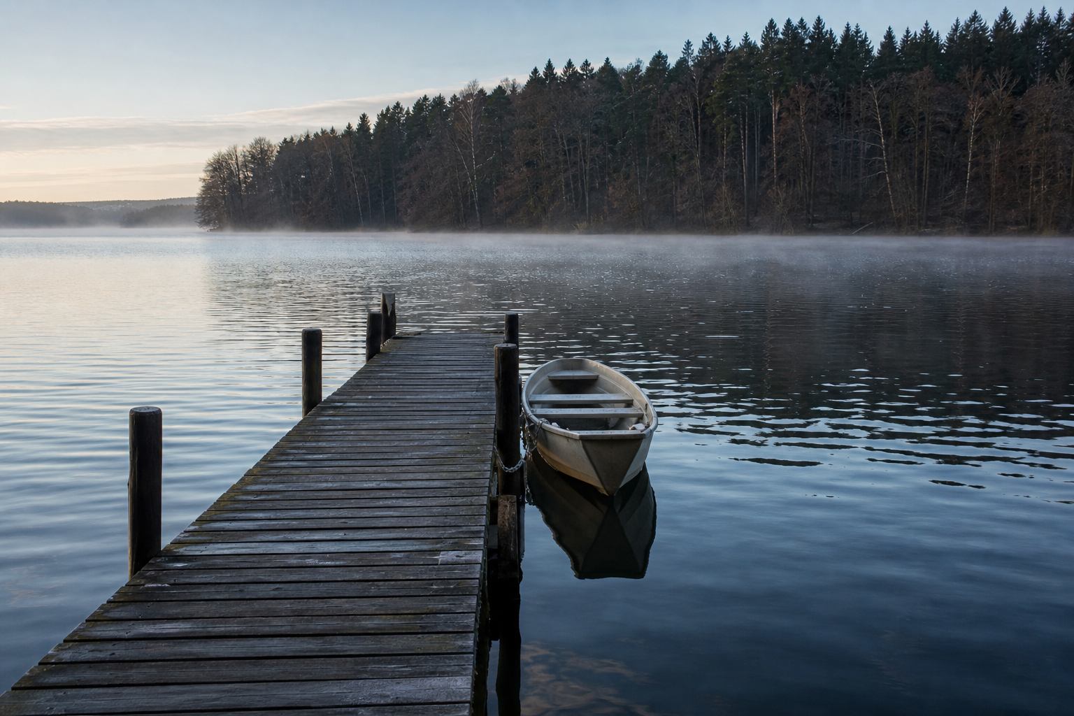 Früher Morgen am Gletschersee mit Holzsteg und leichtem Nebel in Mecklenburg
