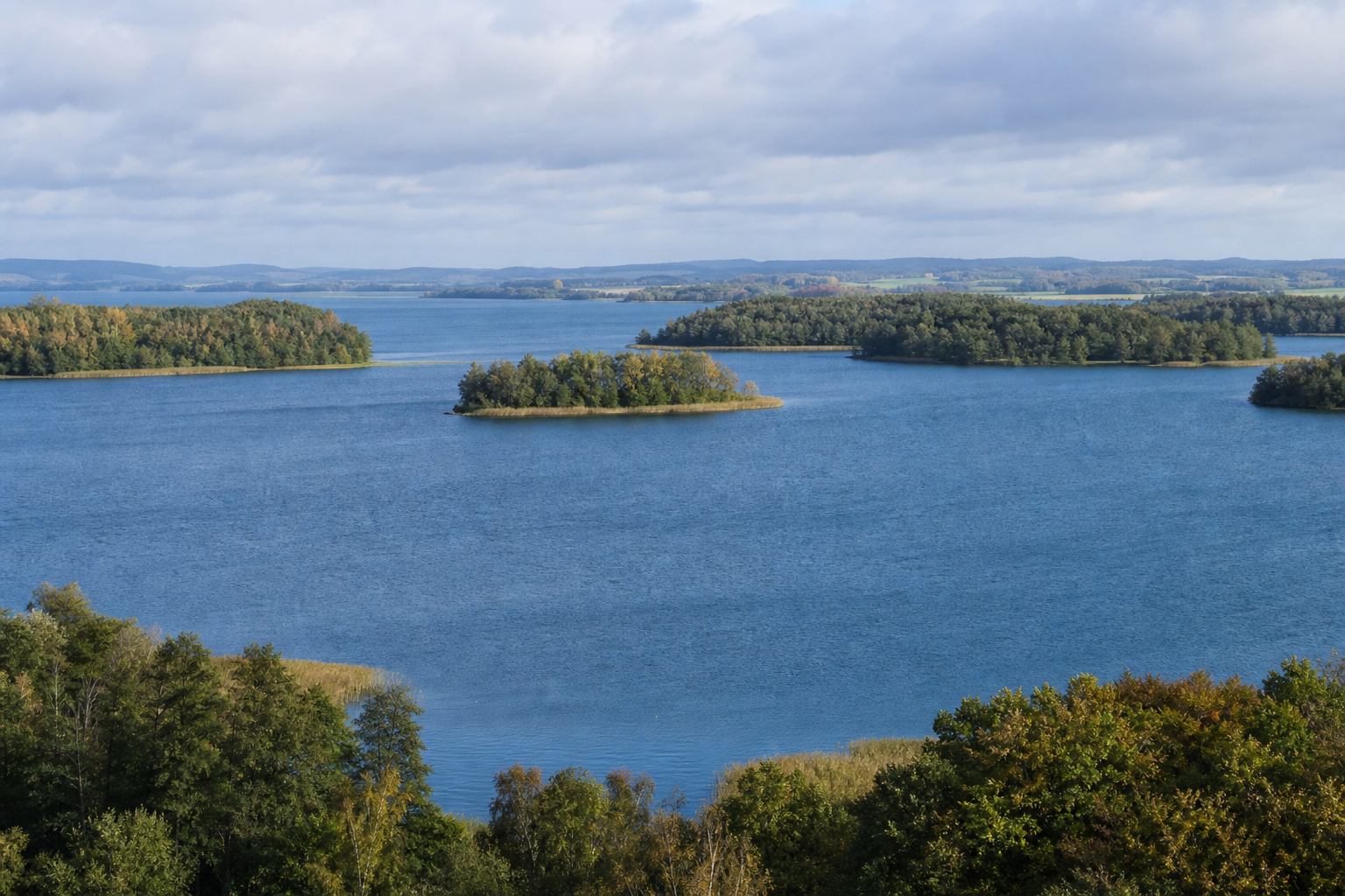 Weites Gletschersee-Panorama mit Waldinseln und blassem Himmel
